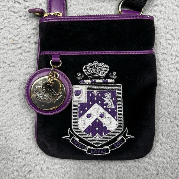 Vintage Juicy Couture Cross Body Bag Mini Purse Black Purple Embroidered Y2K - Picture 2 of 16